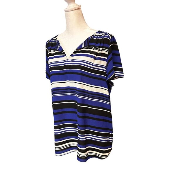 Elle Womens Striped Short Sleeve Top Large Blue & Black Polyester Spandex Blend - Picture 2 of 11